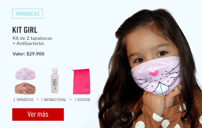 Tapabocas para niñas antifluidos Kit Girl y gel antibacterial